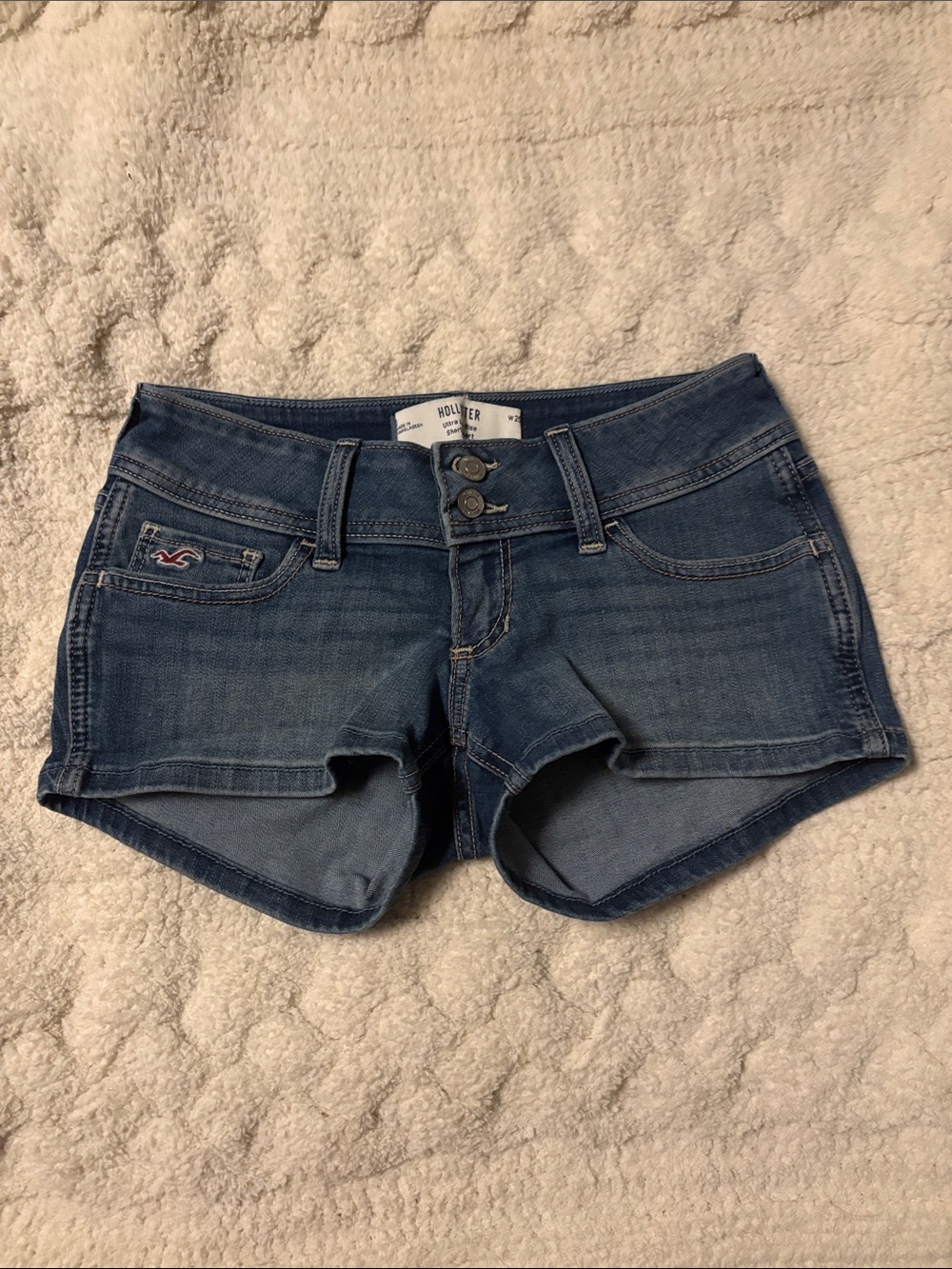 Hollister Low-Rise Denim Short Shorts — Medium Blue Wash